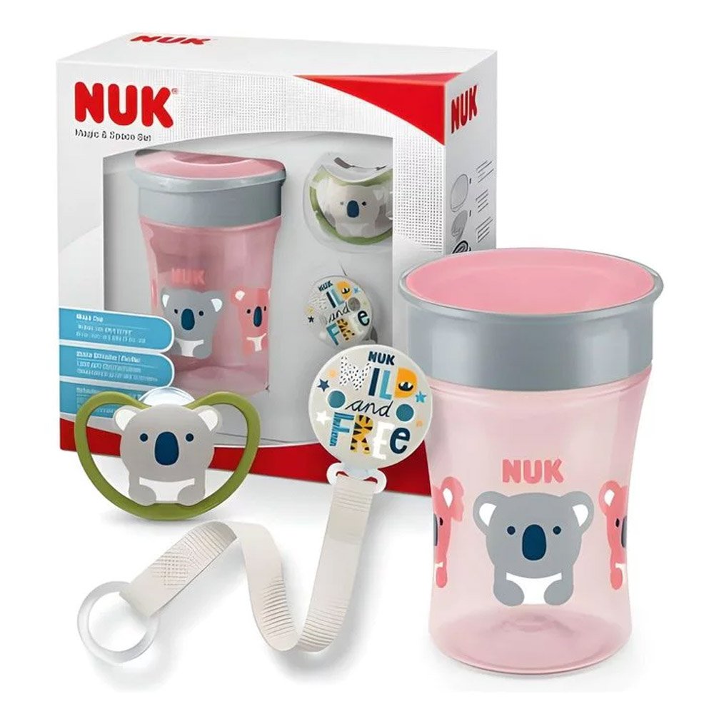 Nuk Magic Cup & Space Σετ Με Eκπαιδευτικό Ροζ Ποτήρι Panda, 230ml & Κορδέλα & Πιπίλα Space 6+m