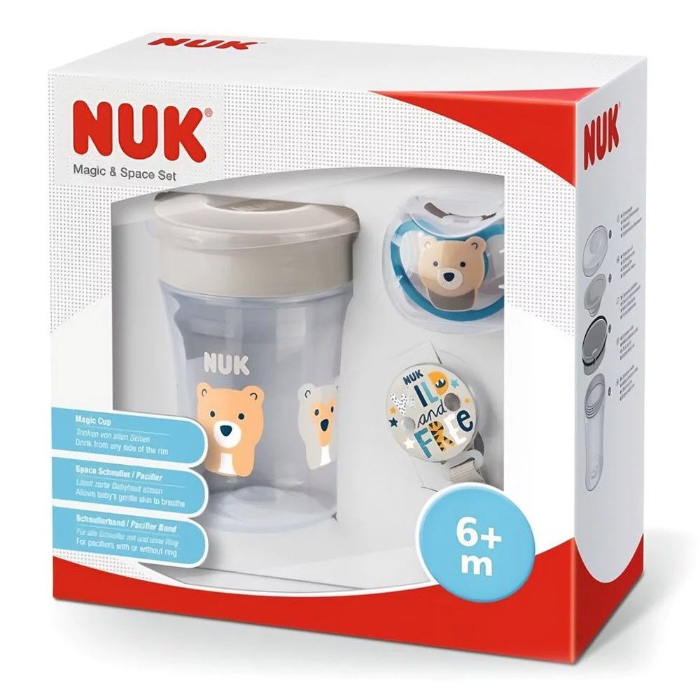 Nuk Magic Cup & Space Σετ Με Eκπαιδευτικό Διαφανές Ποτήρι Αρκουδάκι, 230ml & Κορδέλα & Πιπίλα Space 6+m