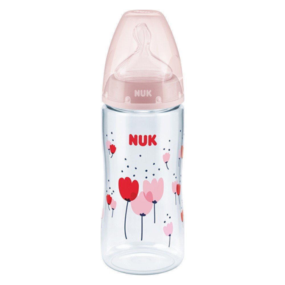  Nuk First Choice+, Ροζ Παπαρούνες Πλαστικό Μπιμπερό με Θηλή Σιλικόνης & Ένδειξη Θερμοκρασίας, 6-18m 300ml, 1τμχ