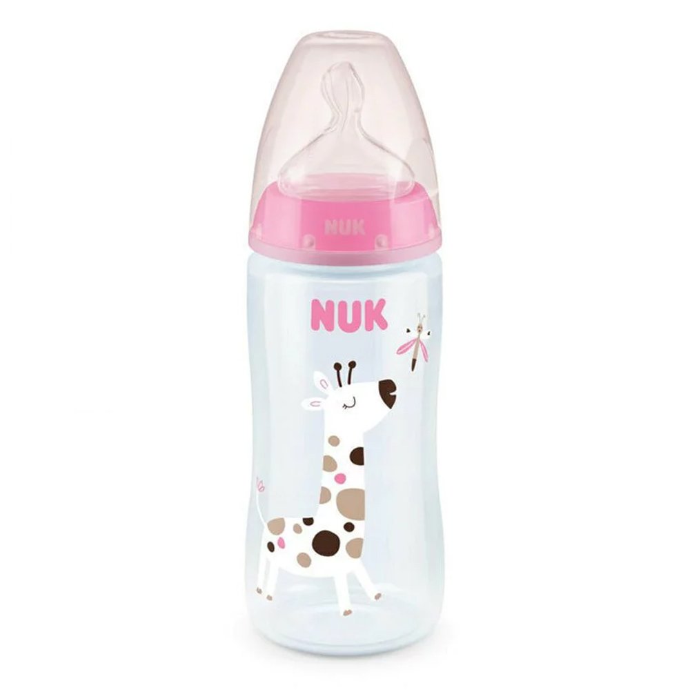 Nuk First Choice+ Πλαστικό Μπιμπερό με Θηλή Σιλικόνης & Ένδειξη Θερμοκρασίας 6-18m Ροζ με Καμηλοπάρδαλη, 300ml