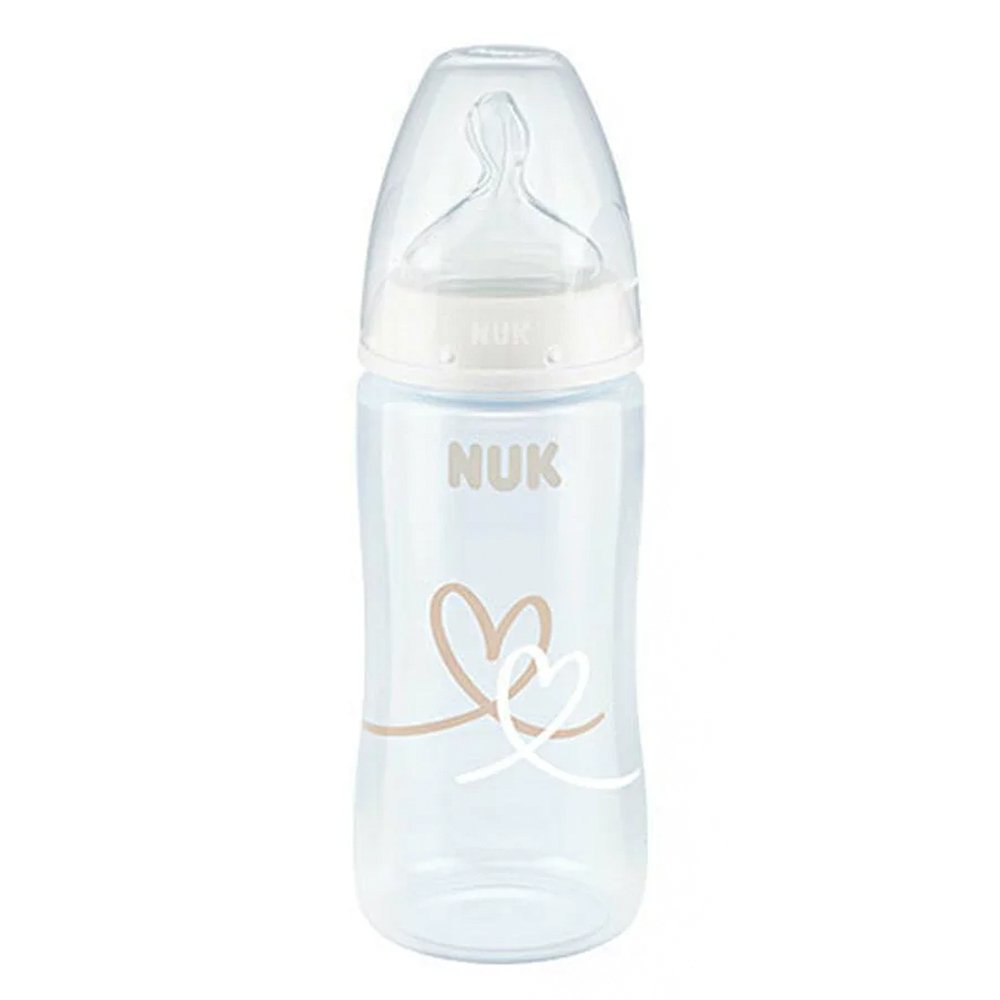 Nuk First Choice+ Πλαστικό Μπιμπερό με Θηλή Σιλικόνης & Ένδειξη Θερμοκρασίας 6-18m Λευκό με Καρδιές, 300ml	