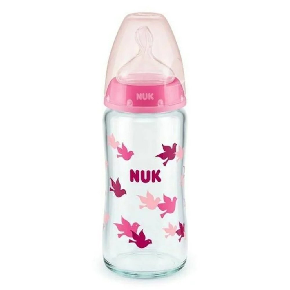 NUK First Choice Plus Γυάλινο Μπιμπερό Ροζ για 0-6m με Δείκτη Ελέγχου Θερμοκρασίας & Μεσαίας Οπής Θηλή Σιλικόνης, 240ml