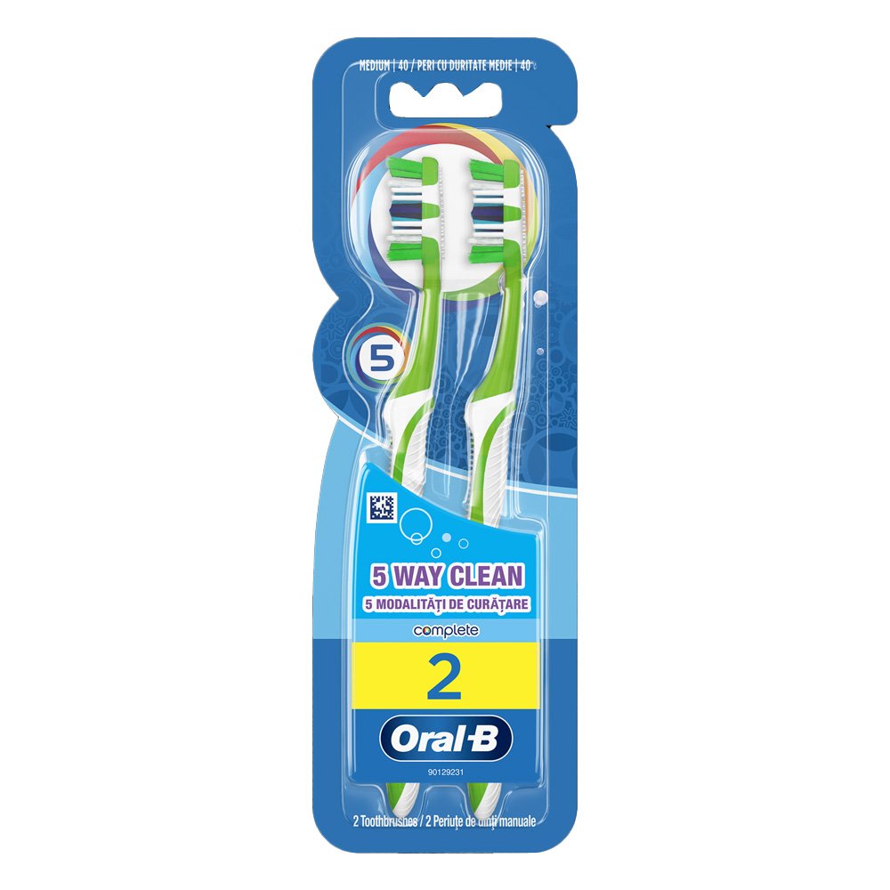 Oral-B Complete 5 Way Clean Χειροκίνητη Οδοντόβουρτσα 40mm Μέτρια Πράσινη/Γαλάζια, 2τμχ
