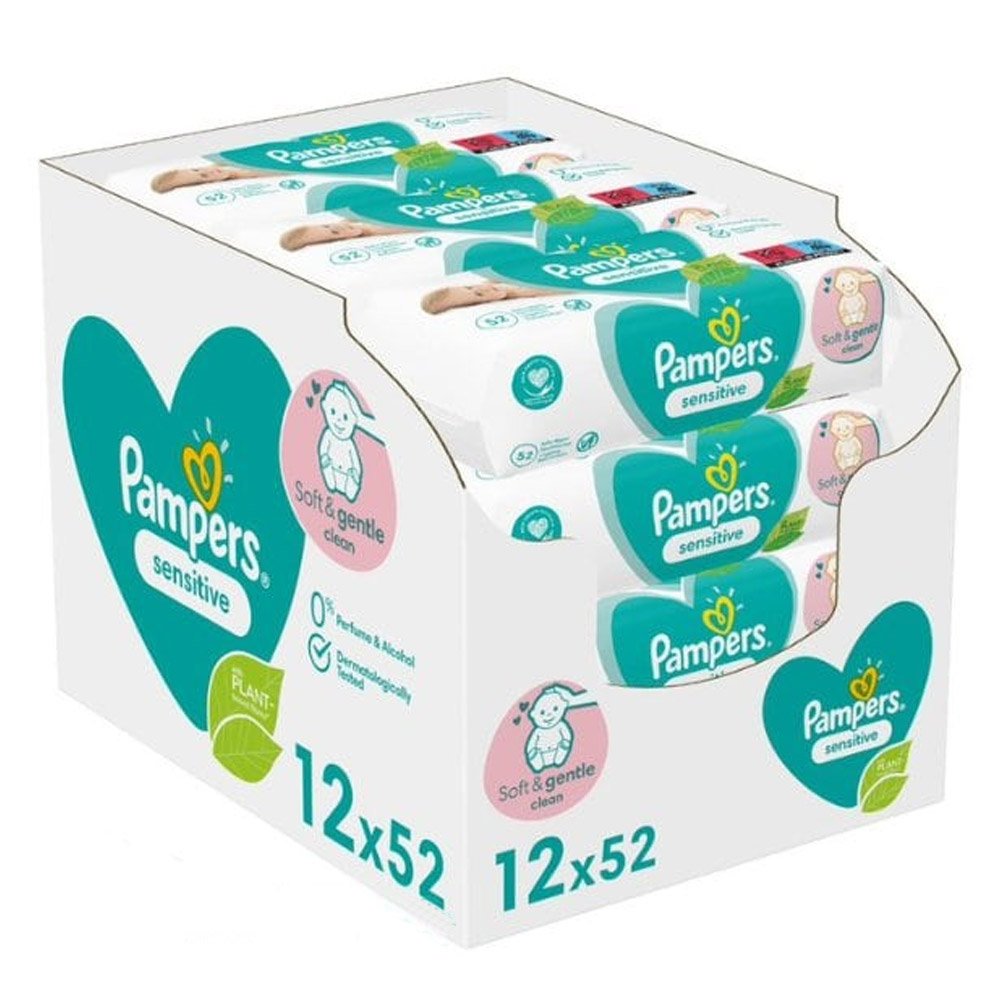 Pampers Wipes Sensitive Υγρά Μωρομάντηλα E-BOX, 12x52τμχ