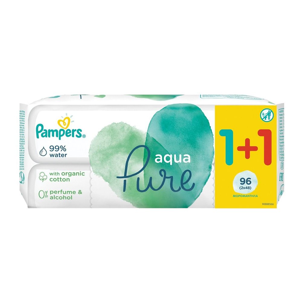 Pampers Aqua Pure Οικολογικά Μωρομάντηλα με 99% Νερό 1+1 Δώρο, 2x48 τμχ