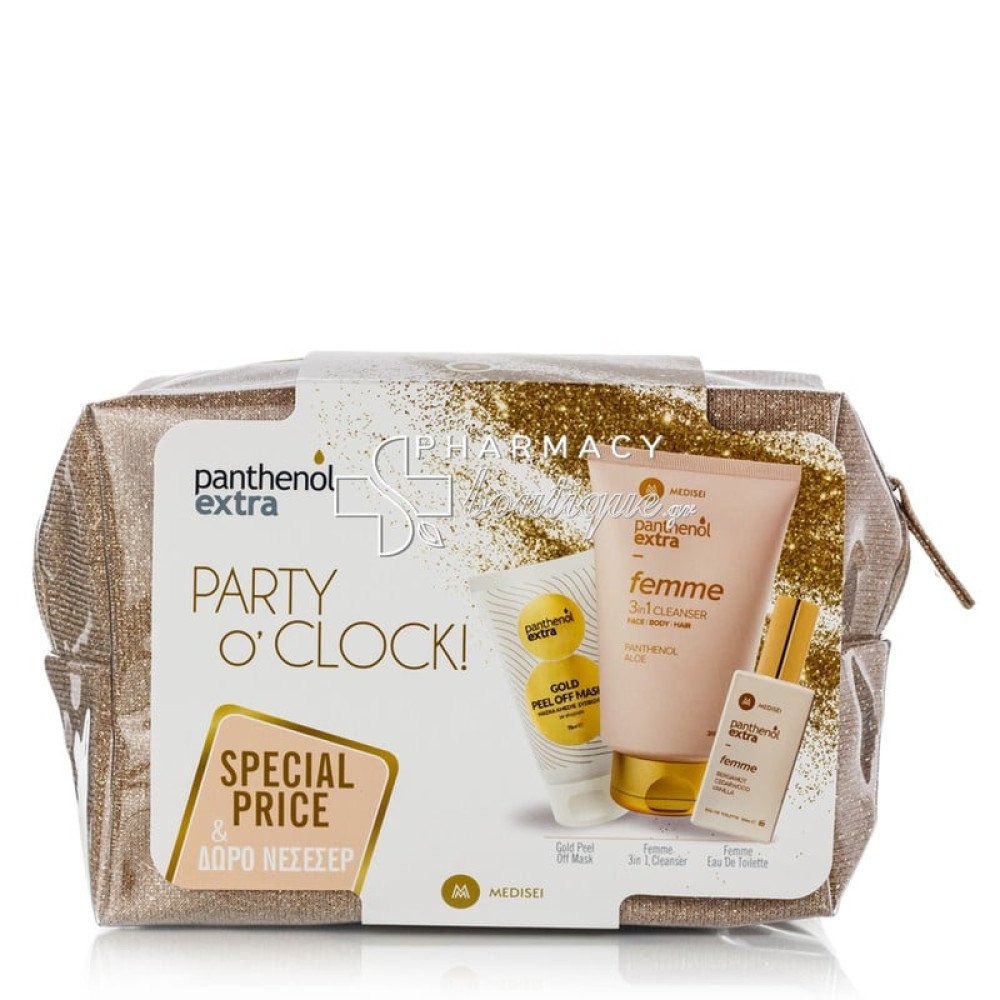 Panthenol Extra Πακέτο Προσφοράς Party O'Clock Gold με Femme 3in1 Cleanser Καθαριστικό, 200ml, Femme Eau de Toilette Γυναικείο Άρωμα, 50ml, Gold Peel Off Mask Μάσκα Άμεσης Σύσφιξης, 75ml & Δώρο Χρυσό Νεσεσέρ, 1σετ