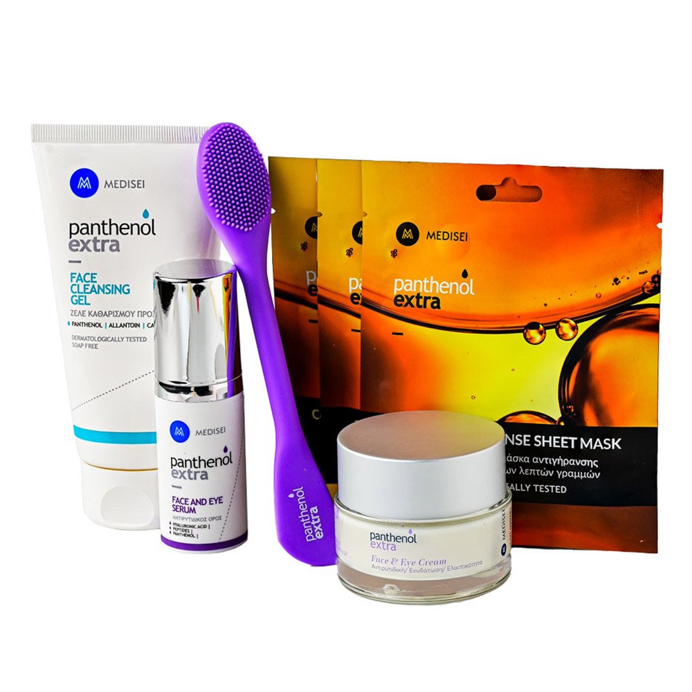 Panthenol Promo Face Cleansing Gel Καθαριστικό Τζελ, 150ml & Face & Eye Serum Αντιρυτιδικός Ορός, 30ml & Face & Eye Cream Αντιρυτιδική Κρέμα, 50ml & CoQ10 Cell Defence Μάσκα Προσώπου, 3τεμ & Δώρο Βουρτσάκι Σιλικόνης, 1σετ