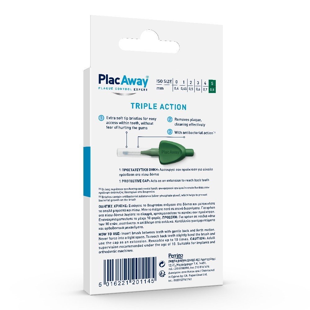 Plac Away Triple Action Μεσοδόντια Βουρτσάκια 0.8mm ISO 5 Πράσινο, 6τεμ