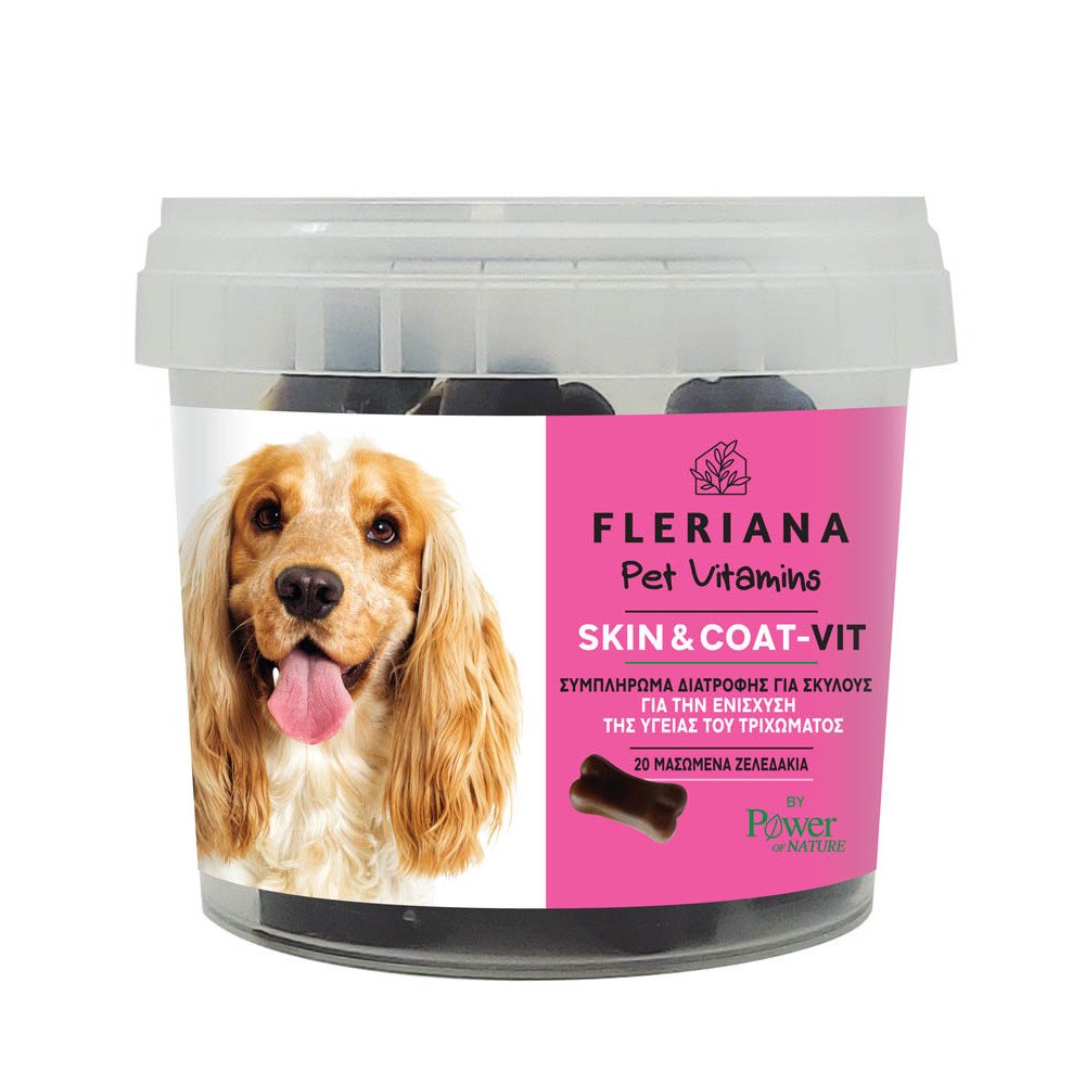 Fleriana Pet Vitamins Skin & Coat-Vit Dogs, Συμπλήρωμα Διατροφής για Σκύλους για τη Ενίσχυση της Υγείας του Δέρματος και ενός Λαμπερού Τριχώματος του Σκύλου, 20 Μασώμενα Ζελεδάκια