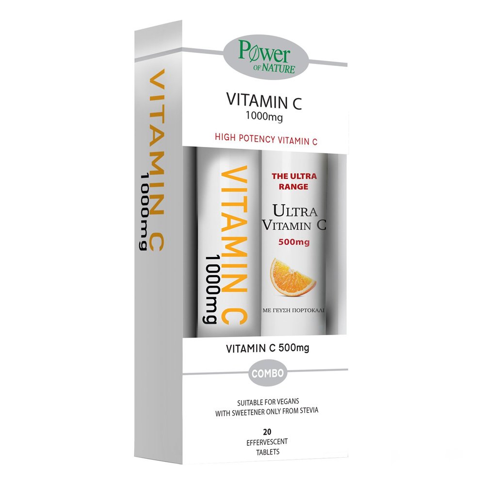Power Of Nature Vitamin C 1000mg Στέβια & Vitamin C 500mg Στέβια Βιταμίνη για Ενέργεια & το Ανοσοποιητικό 1000mg Πορτοκάλι, 20+20αναβρ.δισκία