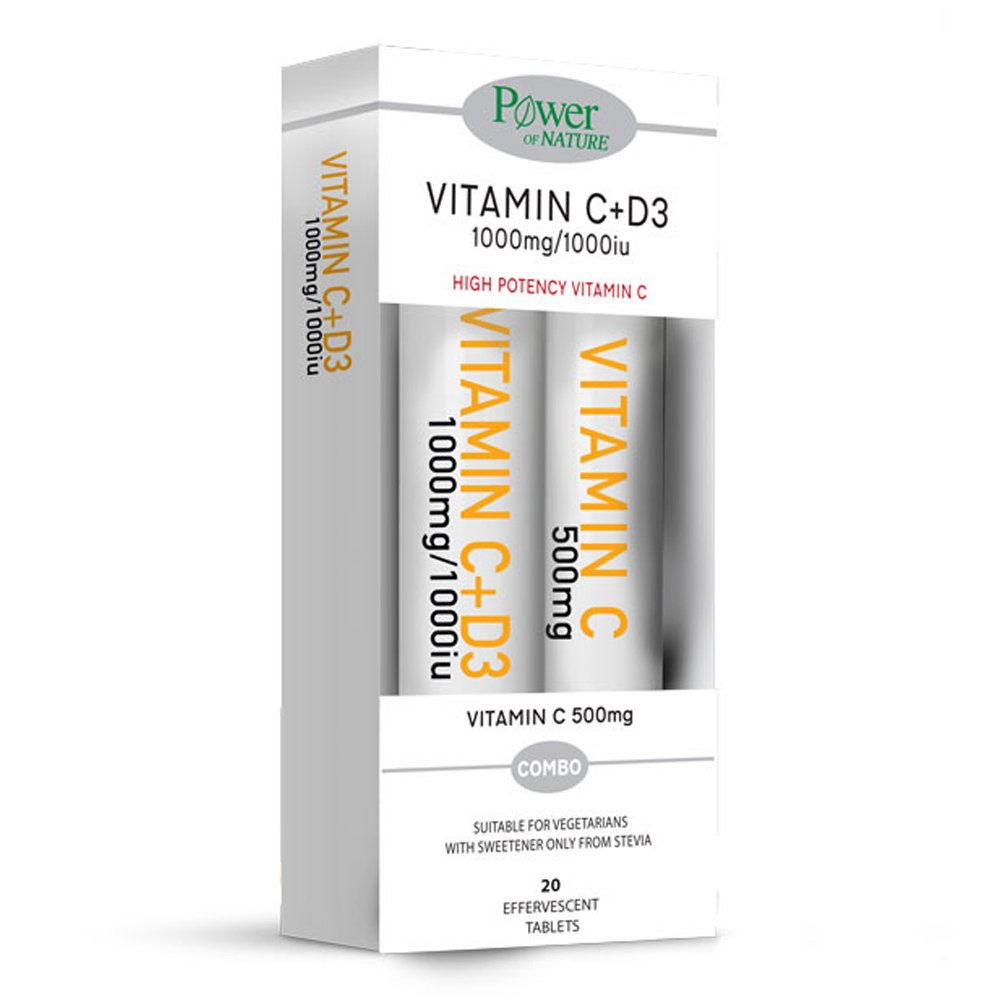 Power Health Vitamin C 1000mg με Γλυκαντικό από Στέβια & D3 1000iu 20αναβρ.δισκία + Δώρο Vitamin C 500mg, 20αναβρ.δισκία