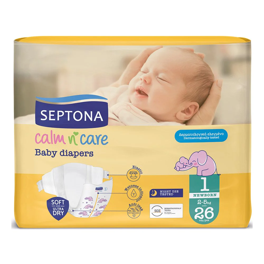 Septona Calm N' Care Baby Diapers Πάνες Newborn No1 (2-5kg), 26τμχ Septona Calm N' Care Baby Diapers Πάνες Newborn No1 (2-5kg), 26τμχ