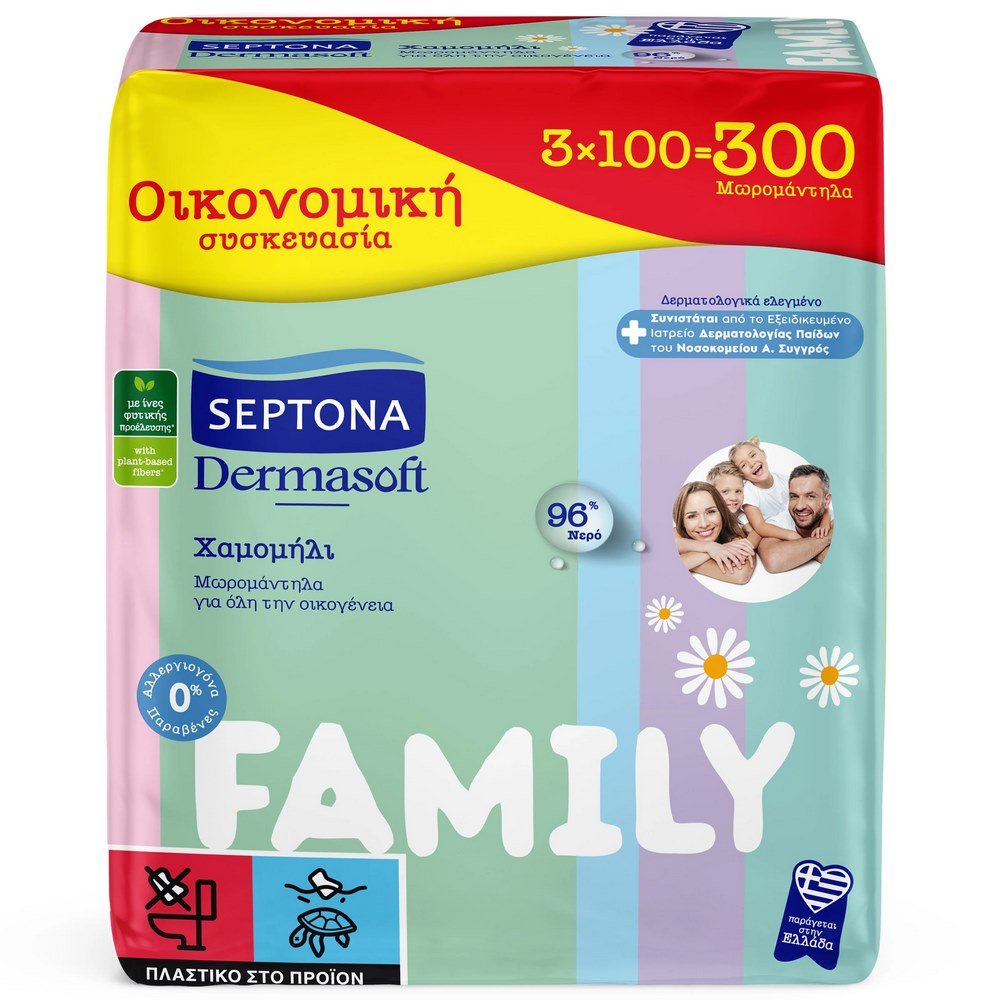 Septona Dermasoft Family Μωρομάντηλα για Όλη την Οικογένεια με Χαμομήλι, 300τμχ