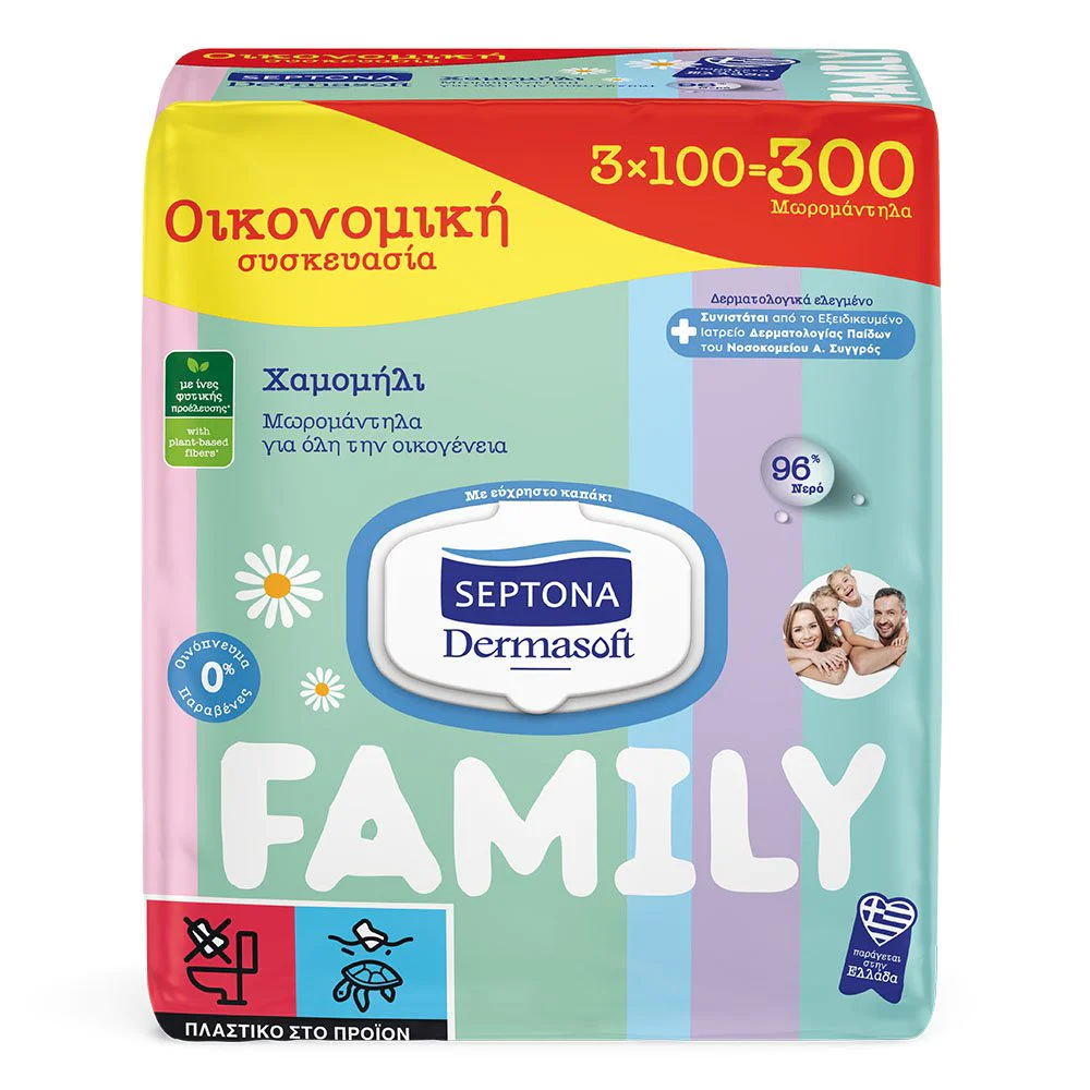 Septona Dermasoft Family Μωρομάντηλα για Όλη την Οικογένεια με Χαμομήλι, 300τμχ