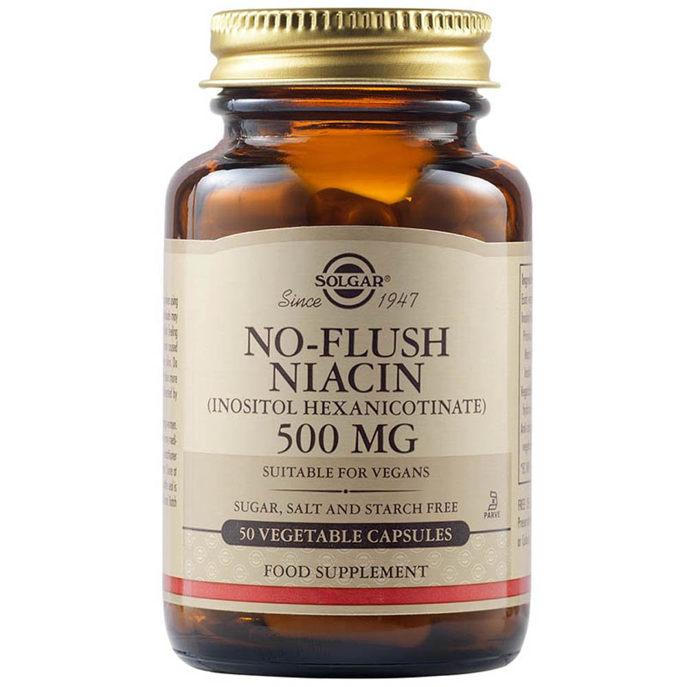 Solgar No-Flush Niacin 500mg Συμπλήρωμα Διατροφής Νιασίνης (Βιταμίνη Β3) που Συμβάλλει για την Καλή Λειτουργία του Κυκλοφορικού Συστήματος & στη Μείωση Χοληστερόλης & Τριγλυκεριδίων, 50veg.caps