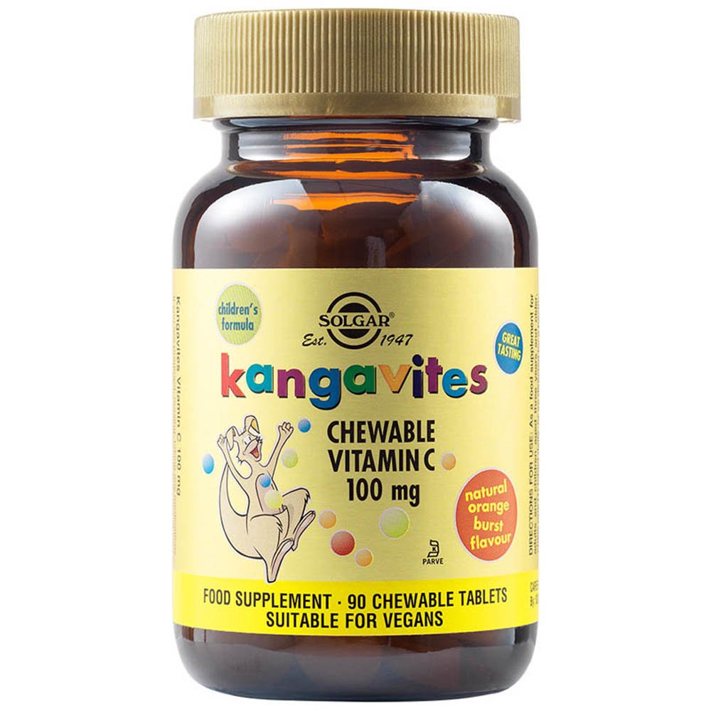 Solgar Kangavites Chewable Vitamin C 100mg Συμπλήρωμα Διατροφής Βιταμίνης C Γεύση Πορτοκάλι (από 3 ετών+), 90 Μασώμενα Δισκία