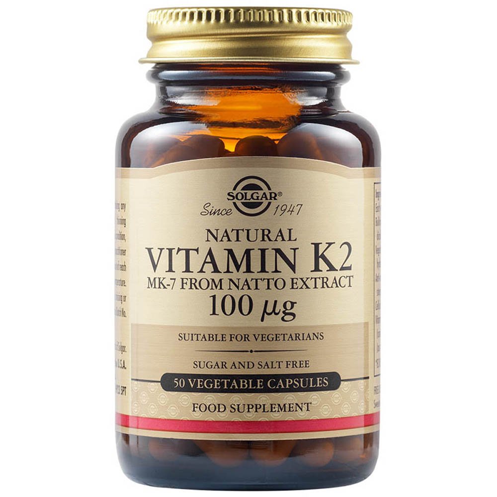 Solgar Vitamin K2 100mg σε Μορφή ΜΚ-7 (μενακινόνη-7) Συμπλήρωμα Διατροφής Βιταμίνη Κ2 Συμβάλλει στην Ομαλή Πήξη του Αίματος & Ενισχύει την Υγεία των Οστών, 50veg.caps