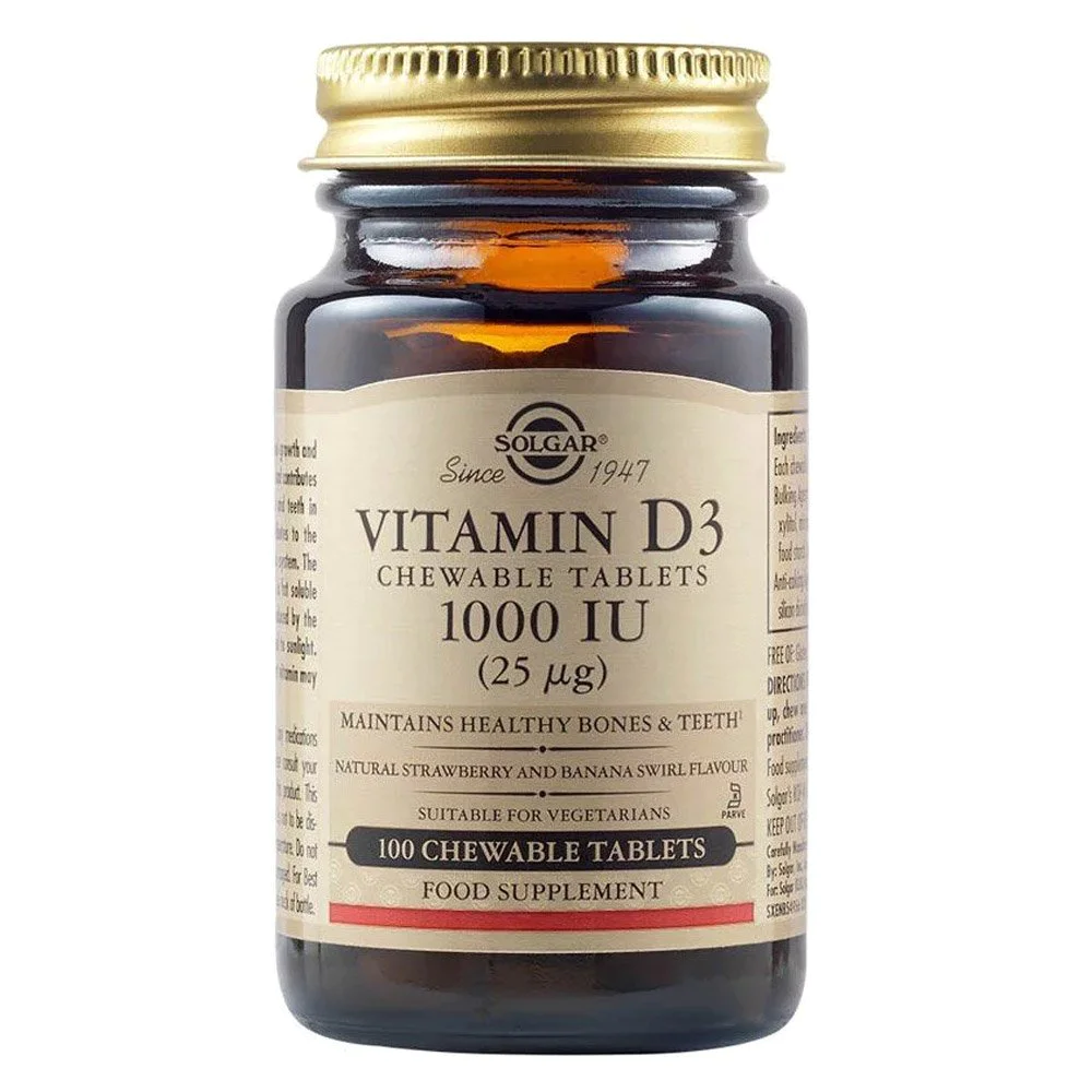 Solgar Vitamin D3 1000 IU (25μg) Συμπλήρωμα Διατροφής Μασώμενης Βιταμίνης D3 με Γεύση Μπανάνα Φράουλα, 100chew.tabs Solgar Vitamin D3 1000 IU (25μg) Συμπλήρωμα Διατροφής Μασώμενης Βιταμίνης D3 με Γεύση Μπανάνα Φράουλα, 100chew.tabs