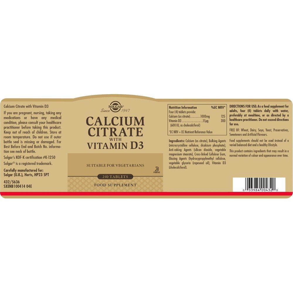 Solgar Calcium Citrate με D3 Συμπλήρωμα Διατροφής Κιτρικό Ασβέστιο με Βιταμίνη D3, 60δισκία