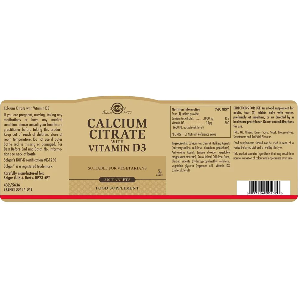 Solgar Calcium Citrate με D3 Συμπλήρωμα Διατροφής Κιτρικό Ασβέστιο με Βιταμίνη D3, 60δισκία Solgar Calcium Citrate με D3 Συμπλήρωμα Διατροφής Κιτρικό Ασβέστιο με Βιταμίνη D3, 60δισκία