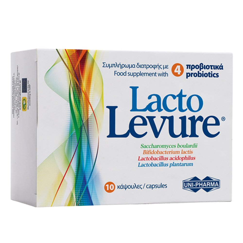 Uni-Pharma Lacto Levure Συμπλήρωμα Διατροφής με 4 Προβιοτικά για την Καλή Λειτουργία του Εντέρου, 10caps