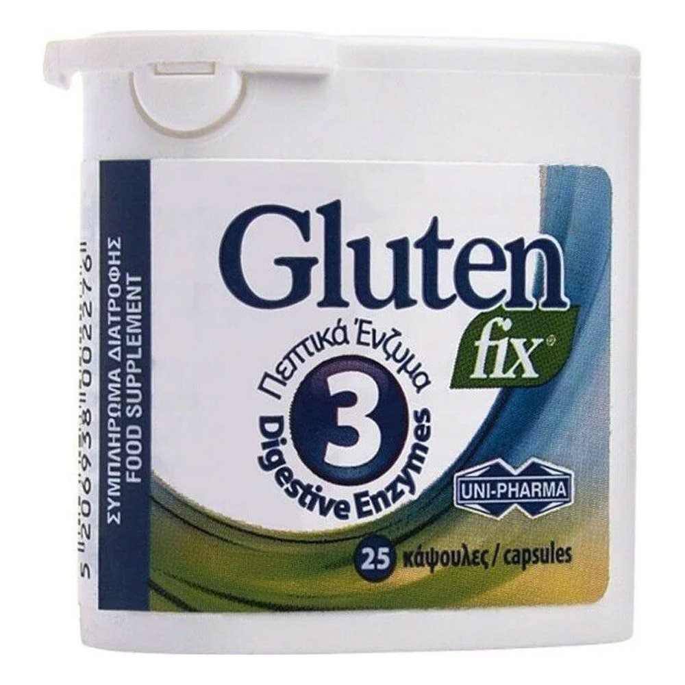 Uni-Pharma Gluten Fix Συμπλήρωμα Διατροφής που Υποστηρίζει τη Διαδικασία της Πέψης με 3 Πεπτικά Ένζυμα, 25 κάψουλες