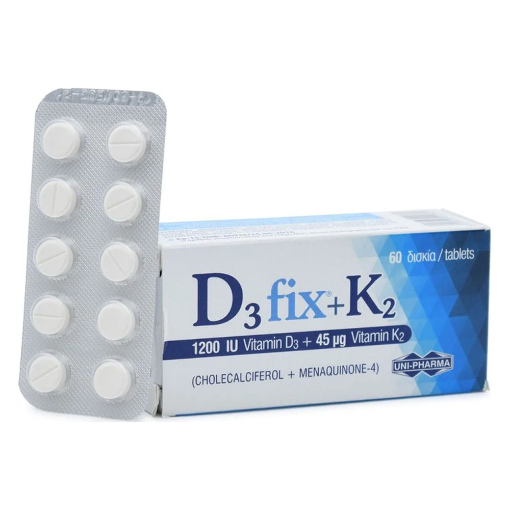 Uni-Pharma D3 Fix 1200iu + K2 45mcg Συμπλήρωμα Διατροφής με D3 & K2, 60tabs Uni-Pharma D3 Fix 1200iu + K2 45mcg Συμπλήρωμα Διατροφής με D3 & K2, 60tabs