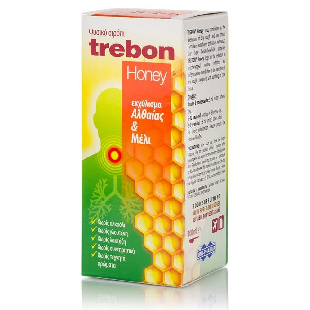 Uni-Pharma Trebon Honey Σιρόπι για τον Ερεθισμένο Λαιμό τον Ξηρό & Παραγωγικό Βήχα, 100ml