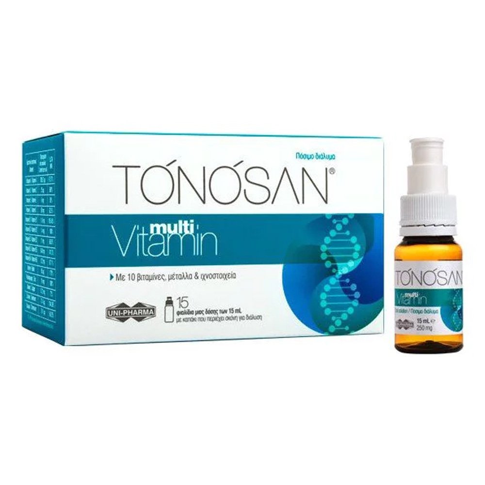 Uni-Pharma Tonosan Multivitamin Συμπλήρωμα Διατροφής για την Eνέργεια & Τόνωση για Όλη την Οικογένεια, 15x15ml