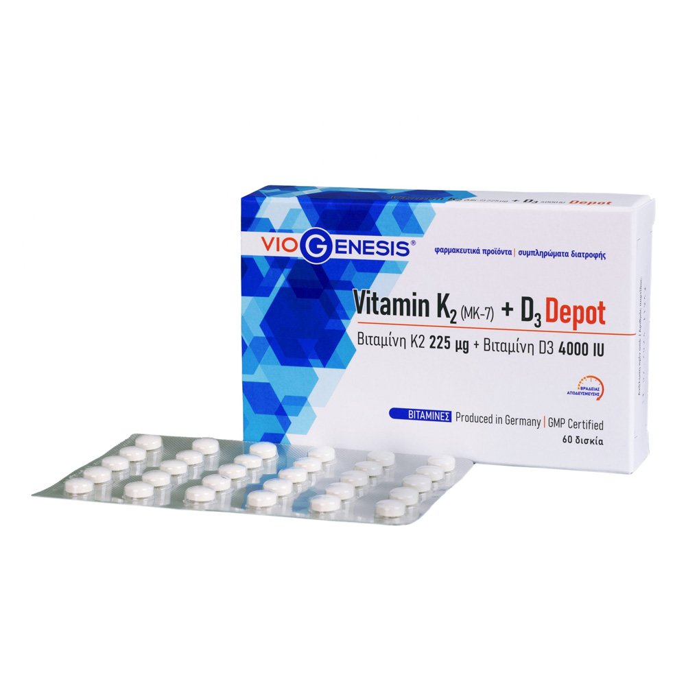 Viogenesis Vitamin K2 (MK-7) 225μg + Vitamin D3 Depot (βραδείας αποδέσμευσης) 4000iu, 60 ταμπλέτες