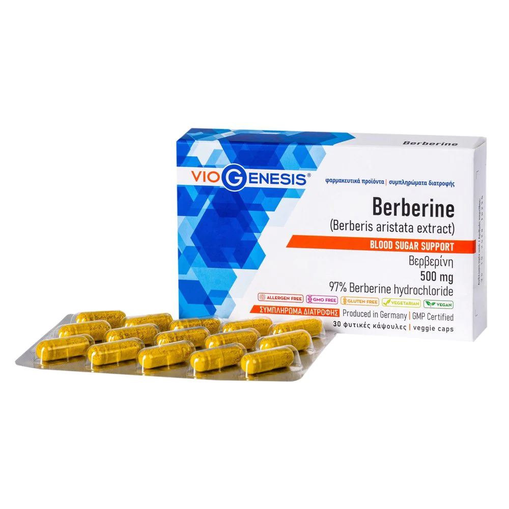 Viogenesis Berberine 500mg Συμπλήρωμα Διατροφής με Βερβερίνη για το Φυσιολογικό Μεταβολισμό των Λιπιδίων και της Γλυκόζης στο Αίμα, 30 φυτικές κάψουλες