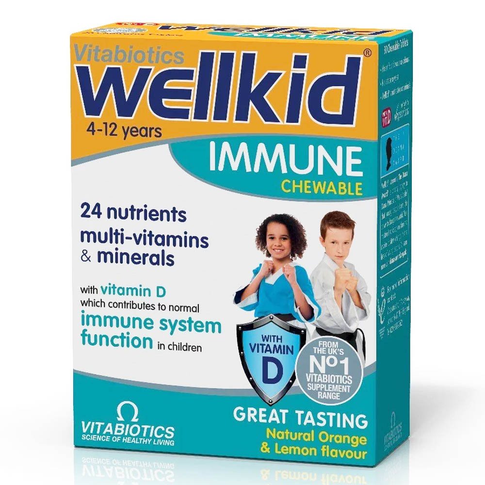 Vitabiotics Wellkid Immune Συμπλήρωμα Διατροφής Για Το Ανοσοποιητικό Των Παιδιών, 4-12 Ετών, Πορτοκάλι & Λεμόνι, 30 μασώμενα δισκία