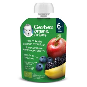 Gerber Organic Φρουτοπουρές με Μήλο Μπανάνα Μύρτιλο & Βατόμουρο 6m+, 90gr