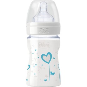 CHICCO Nature Glass Heart Blue Γυάλινο Mπιμπερό, Θηλή Σιλικόνης 0m+ 150ml