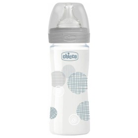 Chicco Well-Being Μπιμπερό Γυάλινο με Θηλή Σιλικόνης Αργής Ροής 0m+, 240ml - Γκρί