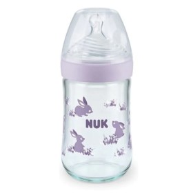 Nuk Nature Sense Γυάλινο Μπιμπερό με Θηλή Σιλικόνης Μεγεθος M 0-6m Μωβ Κουνελάκι, 240ml