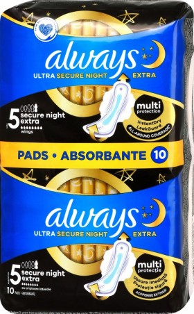 Always Ultra Secure Night Extra Σερβιέτες με Φτερά Νυκτός Μέγεθος 5 σε Διπλή Συσκευασία, 10τμχ