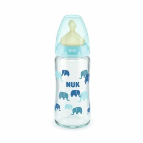Nuk Γυάλινο Μπιμπερό First Choice Plus Temperature Control κατά των Κολικών, Μπλε Ελεφαντάκια,με Θηλή Καουτσούκ, 0-6m+, 240ml