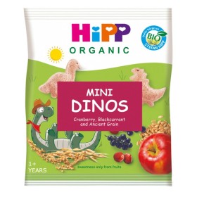 Hipp Mini Dinos  Βιολογικό Σνακ Δημητριακών με Φρούτα & Χυμούς Φρούτων με Σχήμα Δεινοσαυράκια, 30g