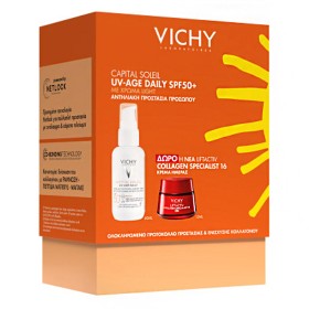 Vichy Promo Capital Soleil UV-Age Daily SPF50+ Αντηλιακό Προσώπου Καθημερινής Φωτοπροστασίας με Χρώμα light, ενάντια σε Κηλίδες & Ρυτίδες 40ml & ΔΩΡΟ Liftactiv Collagen 16 Κρέμα Ημέρας 15ml, 1σετ