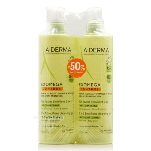 A-Derma Exomega Control Gel Lavant Emollient 2in1, Καθαριστικό Τζελ 2σε1 Κατά της Ατοπίας -50% στο 2ο προϊόν, 2x500ml