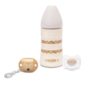Suavinex Couture Set Με Πλαστικό Μπιμπερό Με Θηλή Σιλικόνης 270ml, Physio Πιπίλα Σιλικόνης 0-4m & Αλυσίδα Πιπίλας, 1σετ