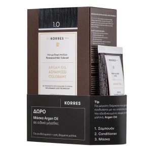 Korres Argan Oil Advanced Colorant Μόνιμη Βαφή Μαλλιών 1.0 Μαύρο & ΔΩΡΟ Μάσκα Argan Oil σε Ειδικό Μέγεθος