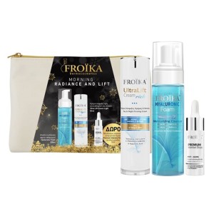 Froika Εορταστικό Πακέτο Morning Radiance & Lift με Hyaluronic Αφρό Καθαρισμού, 200ml, Ultra Lift Cream Ενυδατική Κρέμα, 50ml & Δώρο Premium Intensive Drops Αντιγηραντικές Σταγόνες, 10ml & Νεσεσέρ, 1σετ