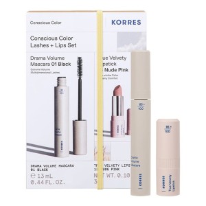 Korres Set with Drama Volume Mascara Μάσκαρα 01 Μαύρη, 13ml & True Velvety Lipstick Κραγιόν 13 Nude Pink, 3g