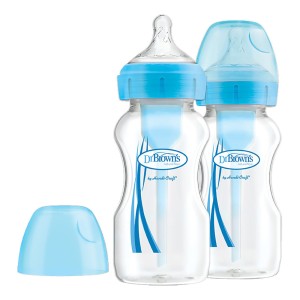 Dr Browns Promo Οptions+ Anti-Colic Πλαστικό Μπιμπερό Μπλε Mε Φαρδύ Λαιμό & Θηλή Σιλικόνης 270ml, 2τμχ