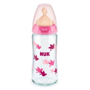 Nuk Γυάλινο Μπιμπερό First Choice Plus Temperature Control κατά των Κολικών με Θηλή Καουτσούκ 0-6m Ροζ, 240ml