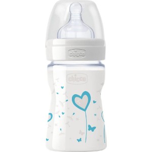CHICCO Nature Glass Heart Blue Γυάλινο Mπιμπερό, Θηλή Σιλικόνης 0m+ 150ml