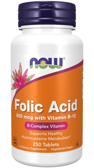 Now Foods Folic Acid 800mcg with Vitamin B-12 Για την Εκγυμοσύνη, 250 ταμπλέτες