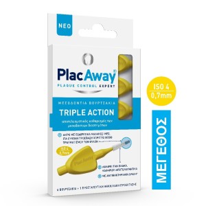 Plac Away Μεσοδόντιο Βουρτσάκι Triple Action 0.7mm, ISO 4, Κίτρινο, 6Τμχ